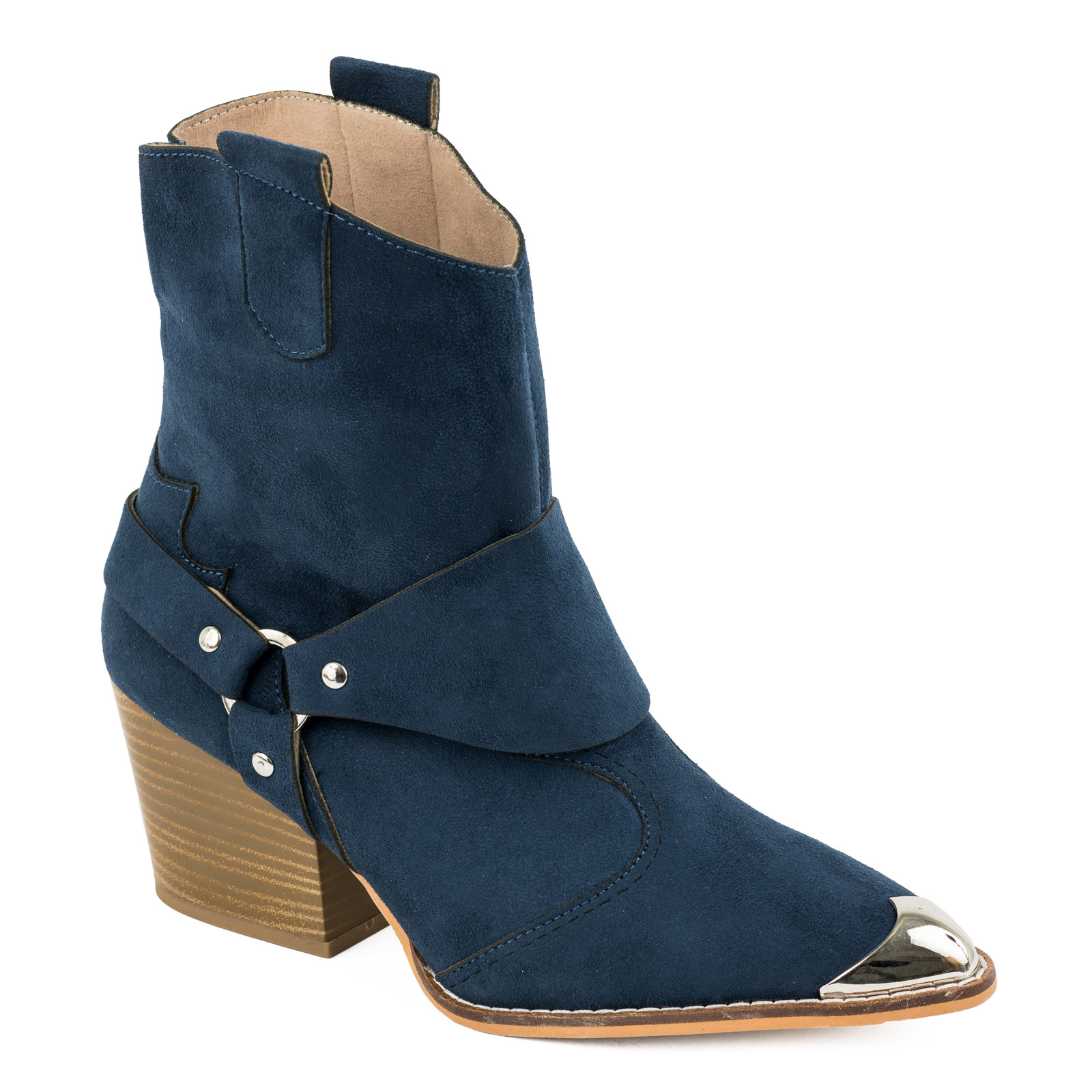 VELOUR POINTED COWGIRL BOOTS WITH THICK HEEL AND RIVETS - NAVY BLUE