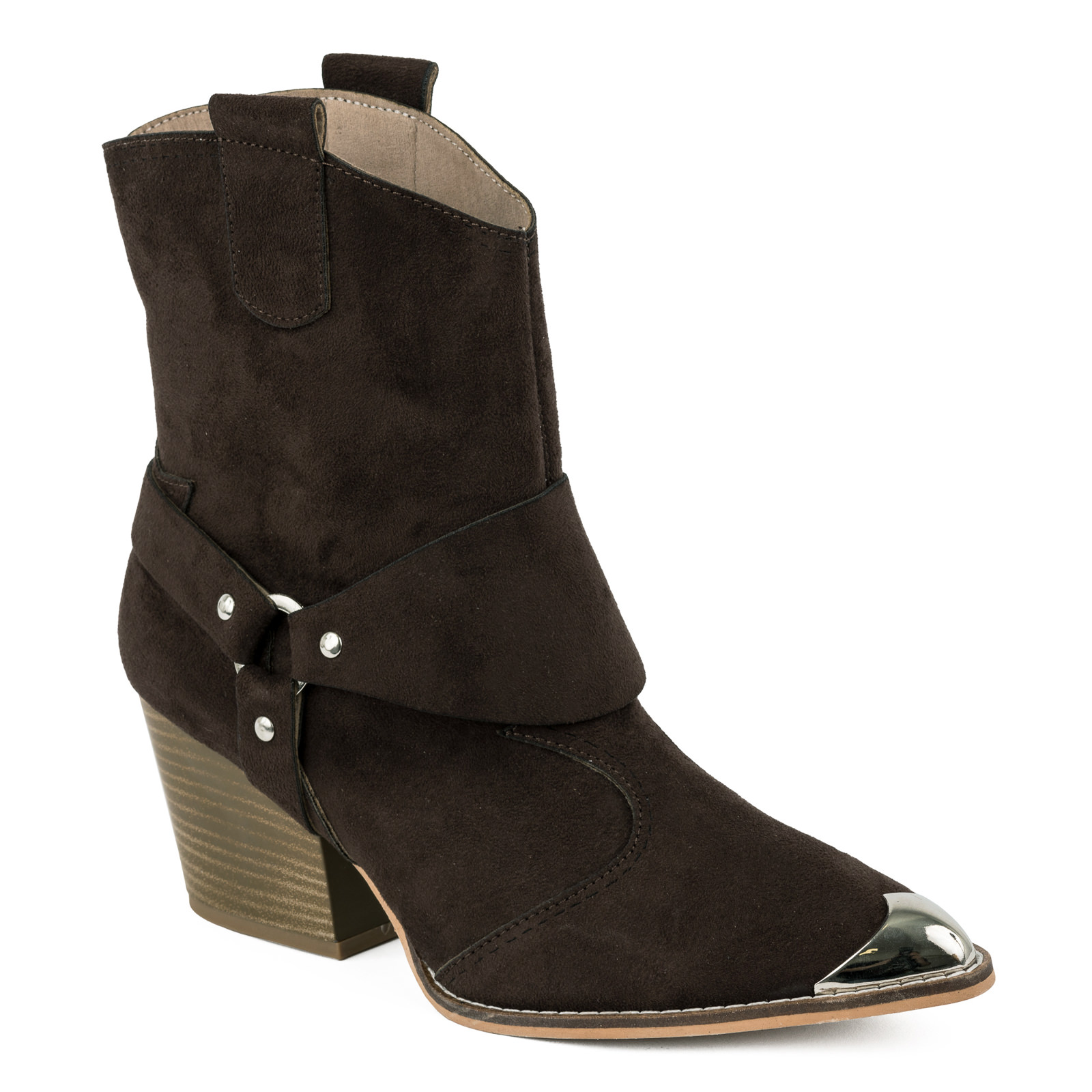 VELOUR POINTED COWGIRL BOOTS WITH THICK HEEL AND RIVETS  - BROWN