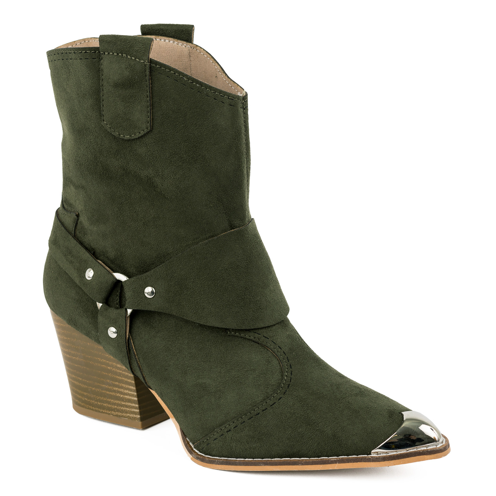 VELOUR POINTED COWGIRL BOOTS WITH THICK HEEL AND RIVETS  - OLIVE