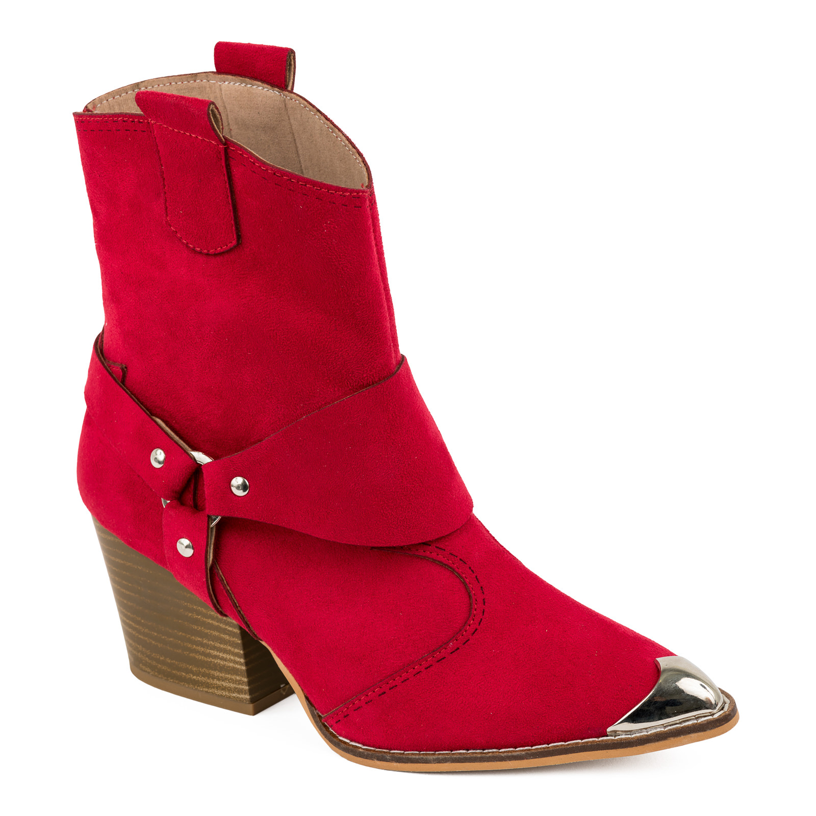 VELOUR POINTED COWGIRL BOOTS WITH THICK HEEL AND RIVETS  - RED