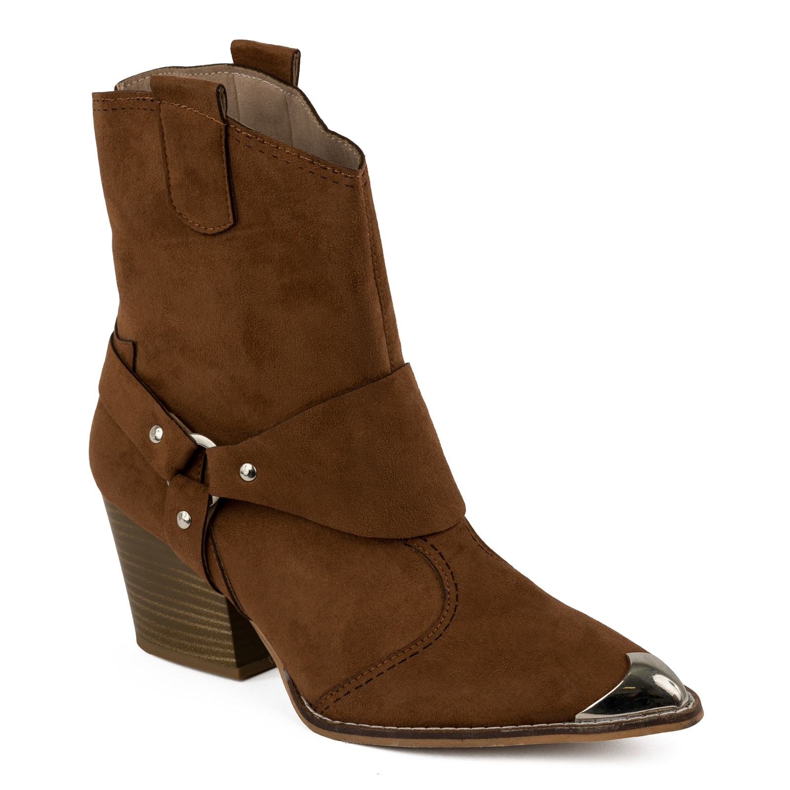 VELOUR POINTED COWGIRL BOOTS WITH THICK HEEL AND RIVETS  - CAMEL