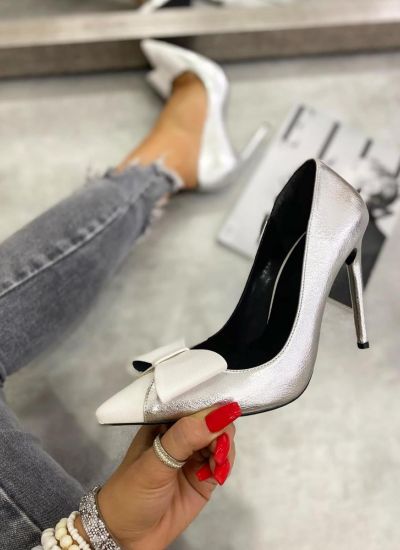 POINTED STILETTO SHOES WITH THIN HEEL AND BOW -  SILVER/WHITE