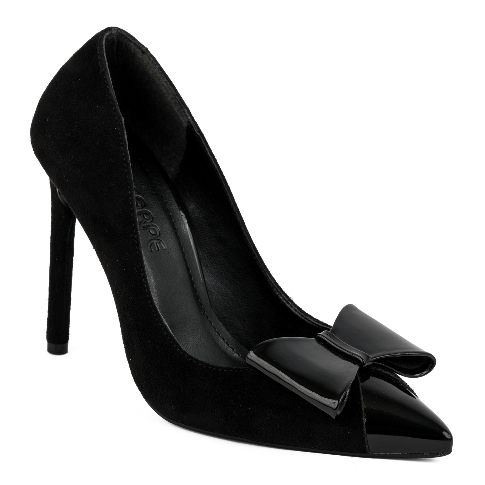 VELOUR POINTED STILETTO SHOES WITH THIN HEEL AND BOW - BLACK