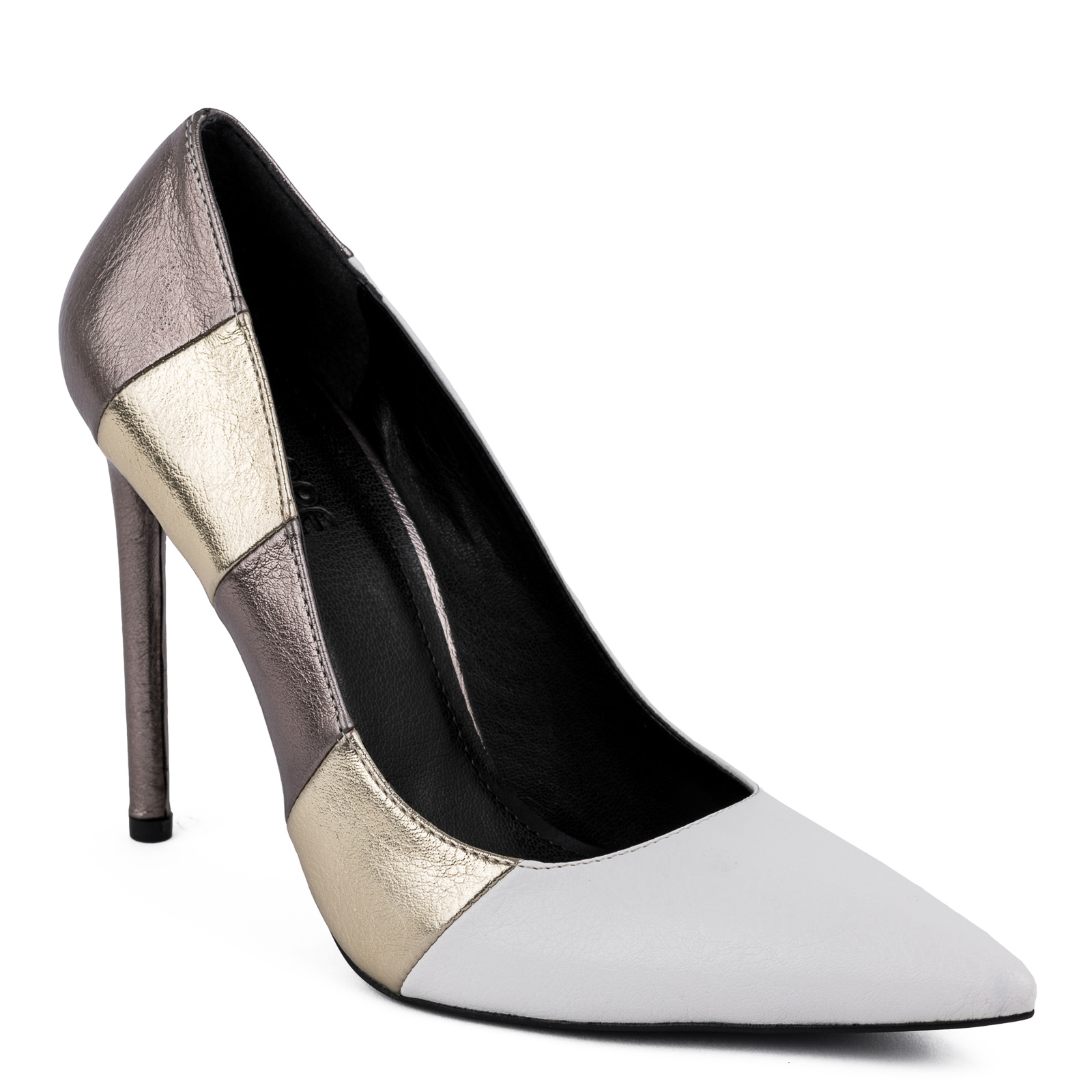 POINTED STILETTO SHOES WITH THIN HEEL - WHITE/GRAPHITE/GOLD