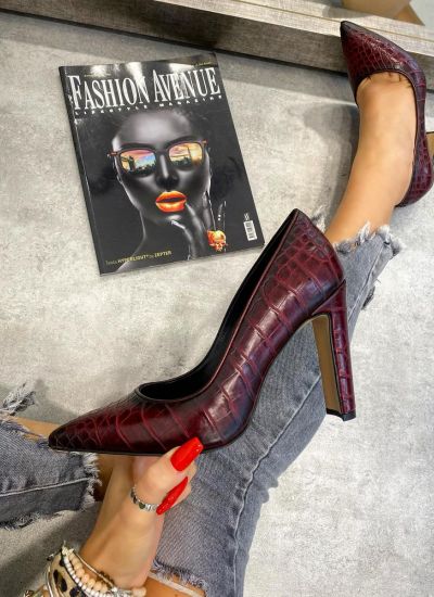 CROC POINTED STILETTO SHOES ON THICK HEEL - MAROON 