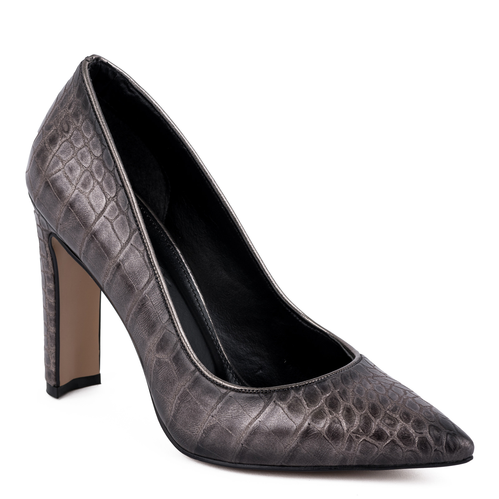 CROC POINTED STILETTO SHOES ON THICK HEEL - PLATINUM