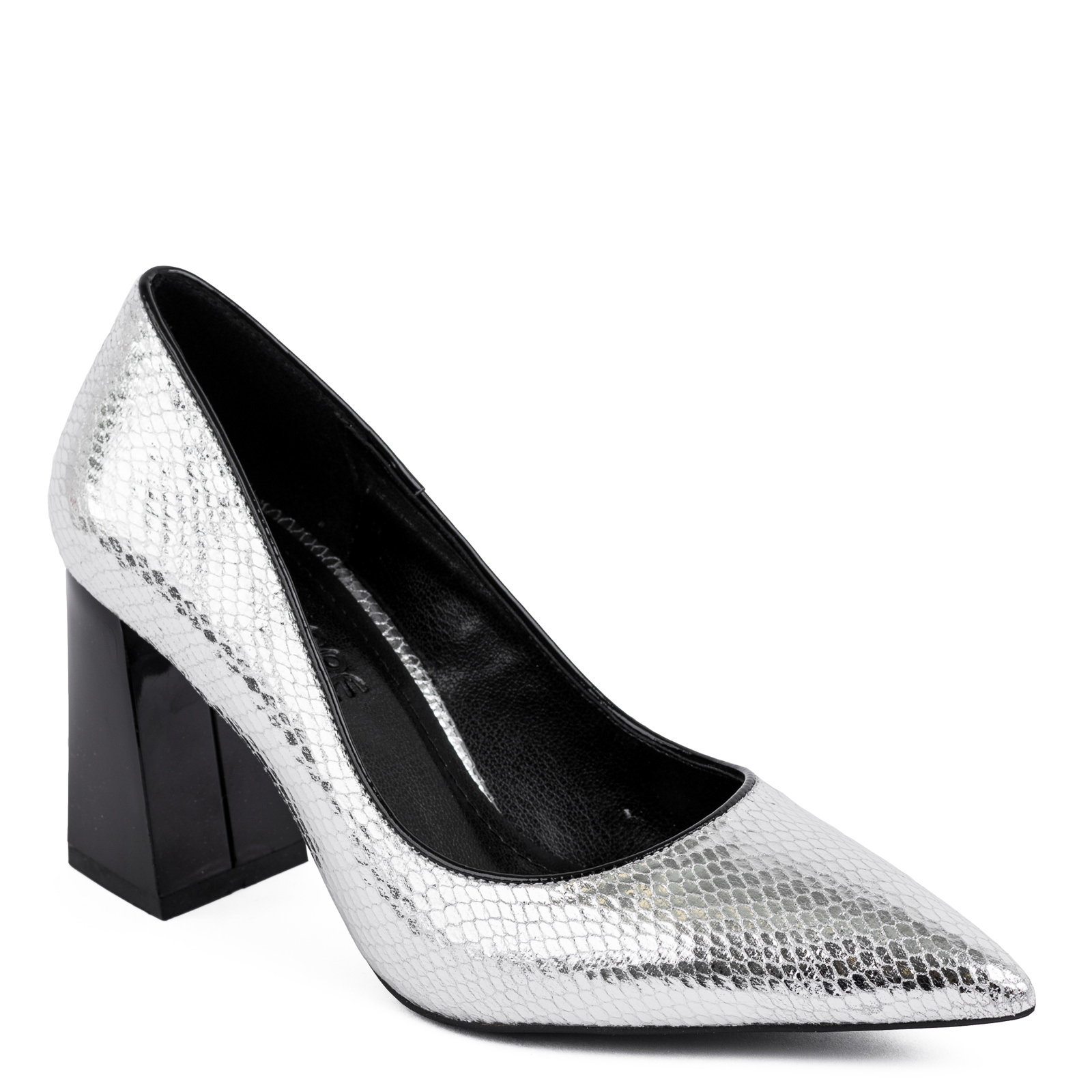 SNAKE POINTED STILETTO SHOES WITH BLOCK HEEL - SILVER
