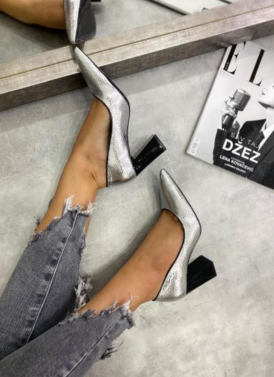 SNAKE POINTED STILETTO SHOES WITH BLOCK HEEL - SILVER