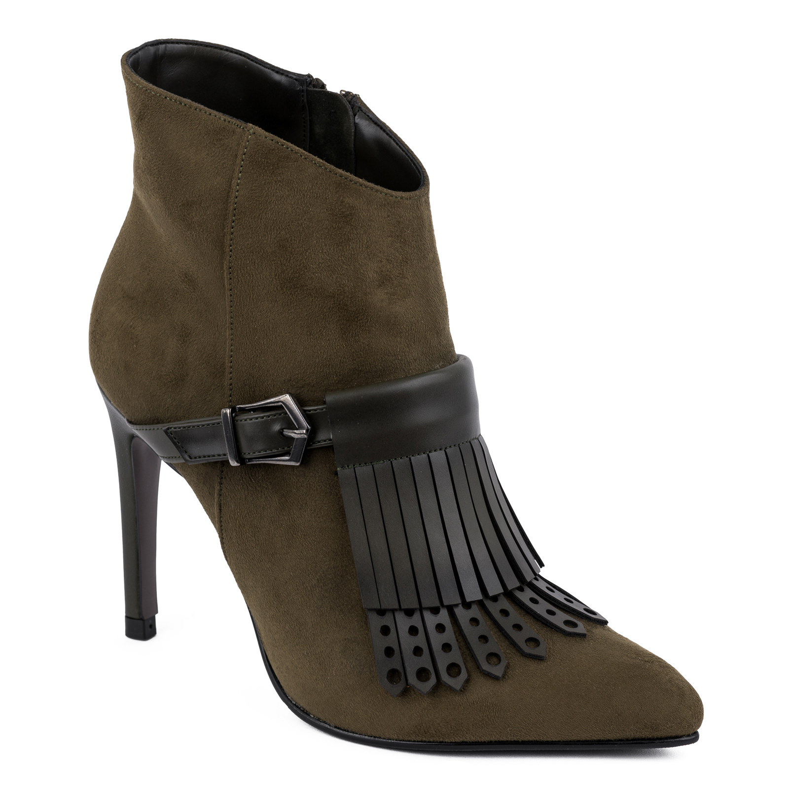 VELOUR POINTED ANKLE BOOTS WITH THIN HEEL AND FRINGE - GREEN