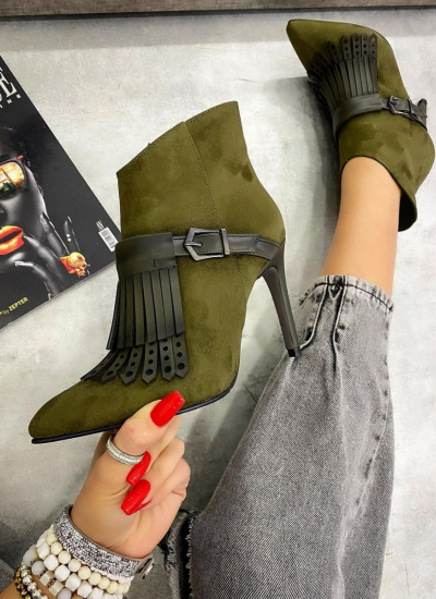 VELOUR POINTED ANKLE BOOTS WITH THIN HEEL AND FRINGE - GREEN