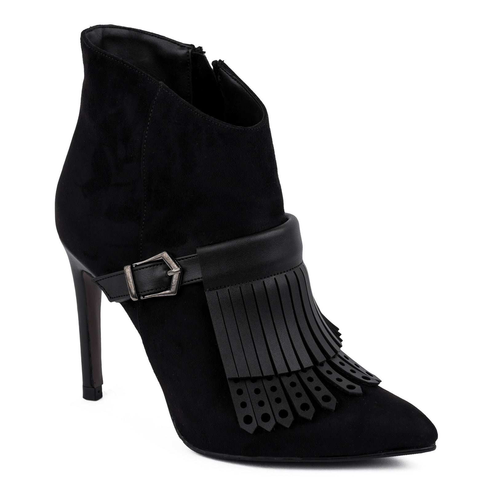 VELOUR POINTED ANKLE BOOTS WITH THIN HEEL AND FRINGE - BLACK
