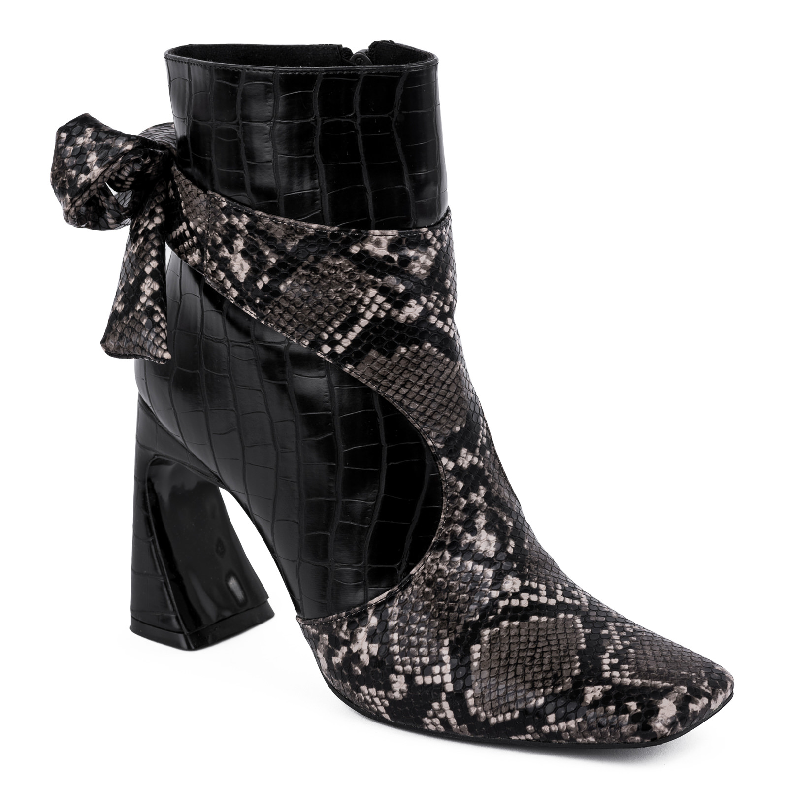 SNAKE ANKLE BOOTS WITH THICK HEEL AND BOW - BLACK
