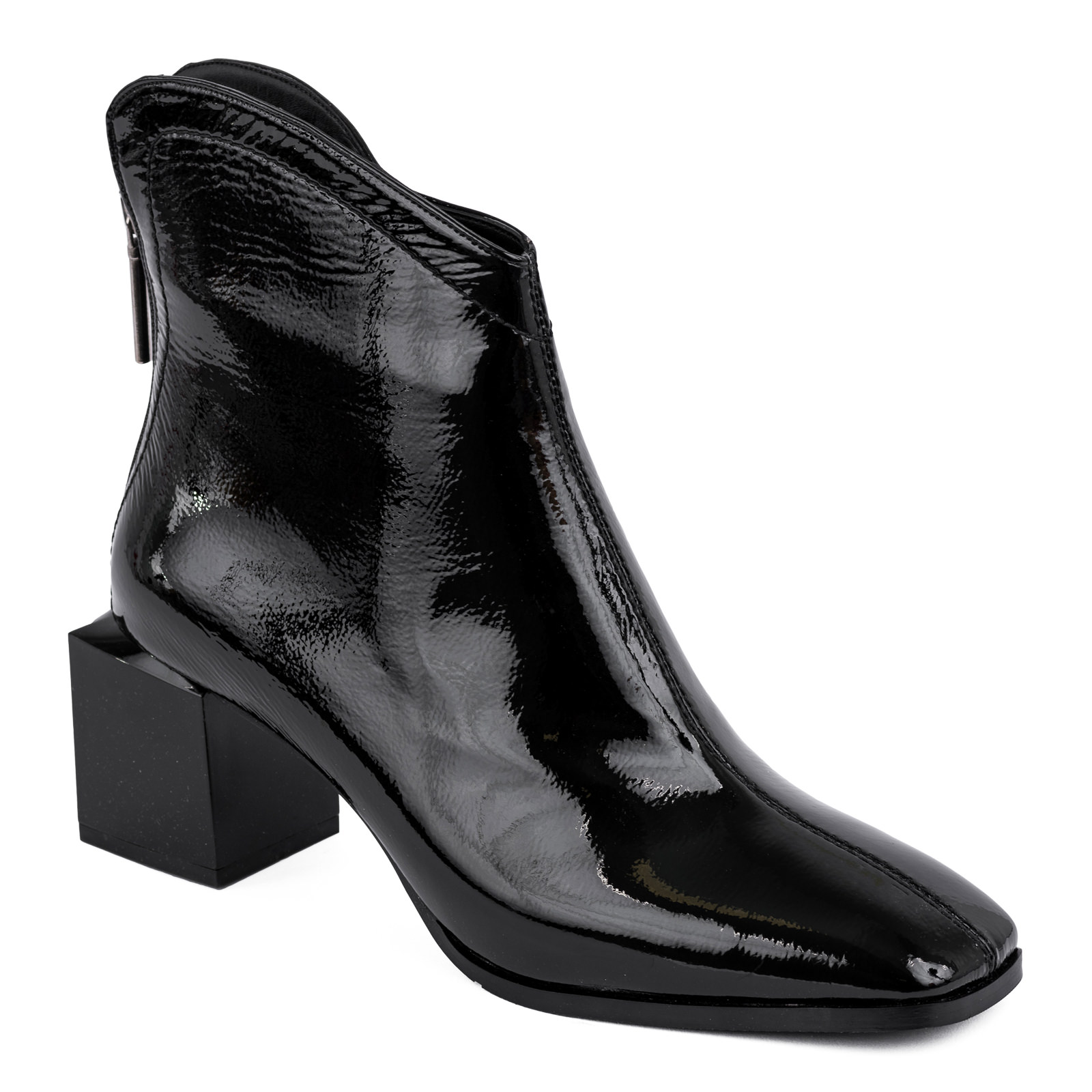 PATENT ANKLE BOOTS WITH ZIPPER AND BLOCK HEEL - BLACK