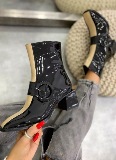 PATENT ANKLE BOOTS WITH BELT AND BLOCK HEEL - BLACK/BEIGE