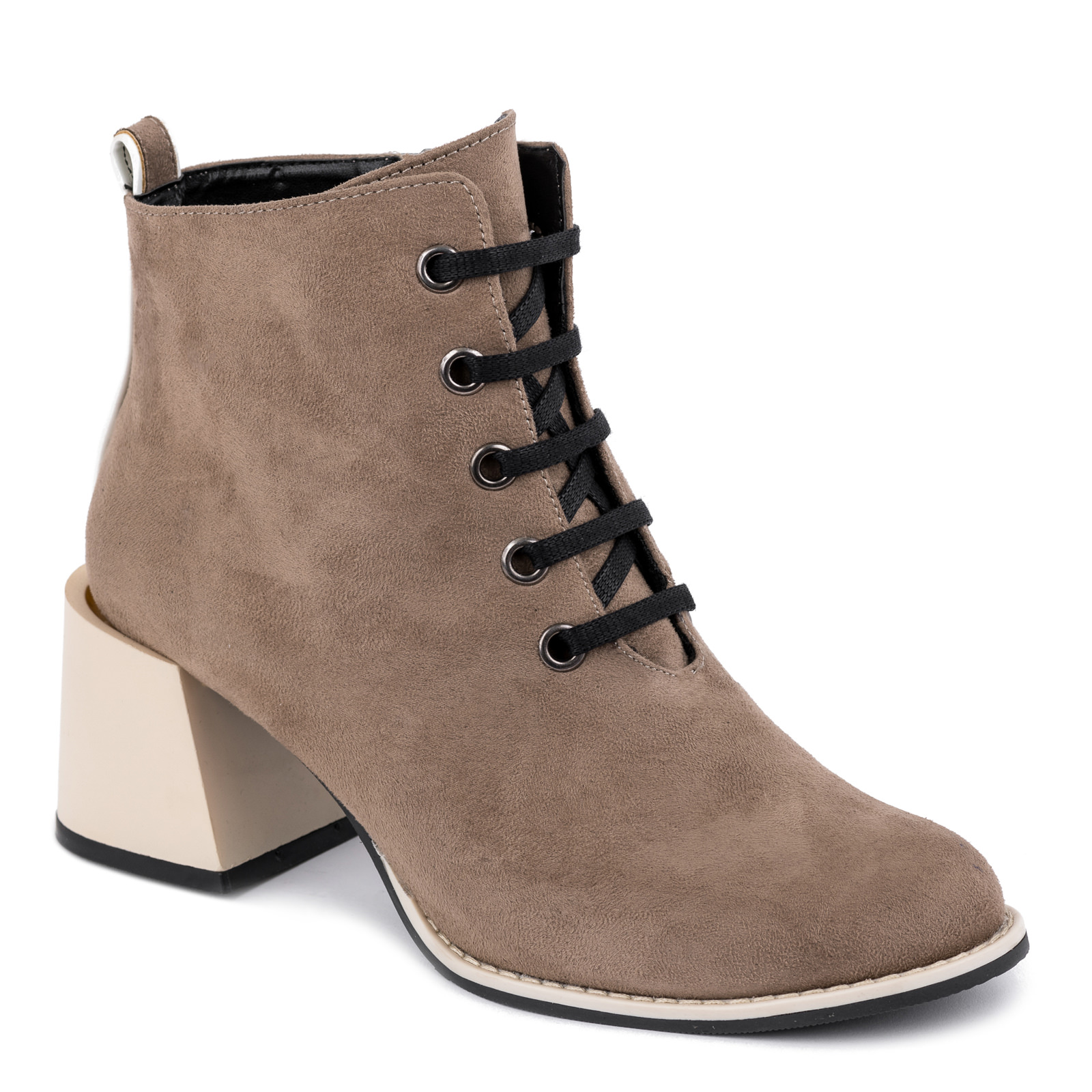 VELOUR ANKLE LACE UP BOOTS WITH BEIGE HEEL - BEIGE