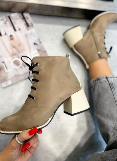 VELOUR ANKLE LACE UP BOOTS WITH BEIGE HEEL - BEIGE