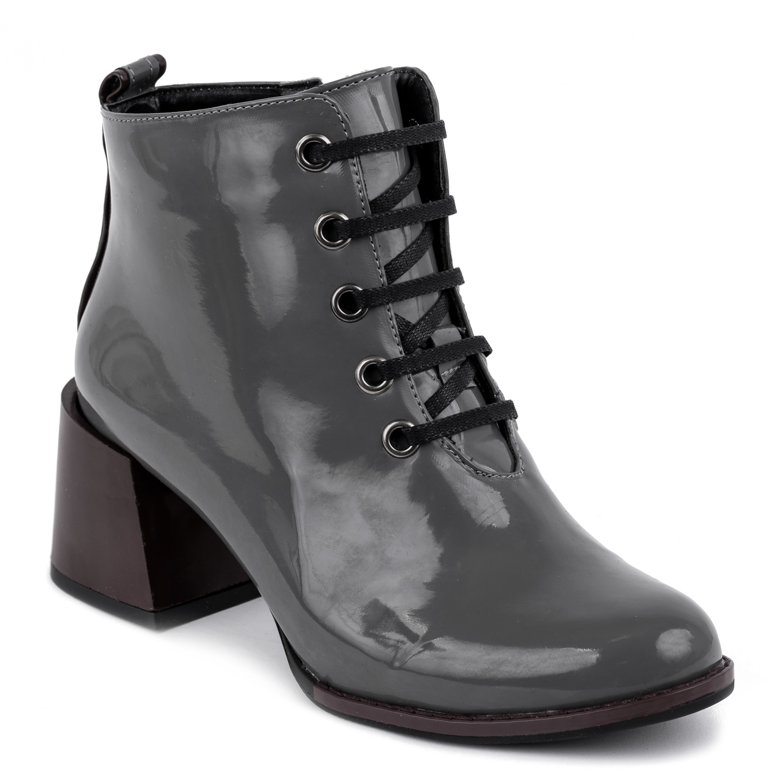 PATENT ANKLE LACE UP  BOOTS  WITH MAROON HEEL - GRAY