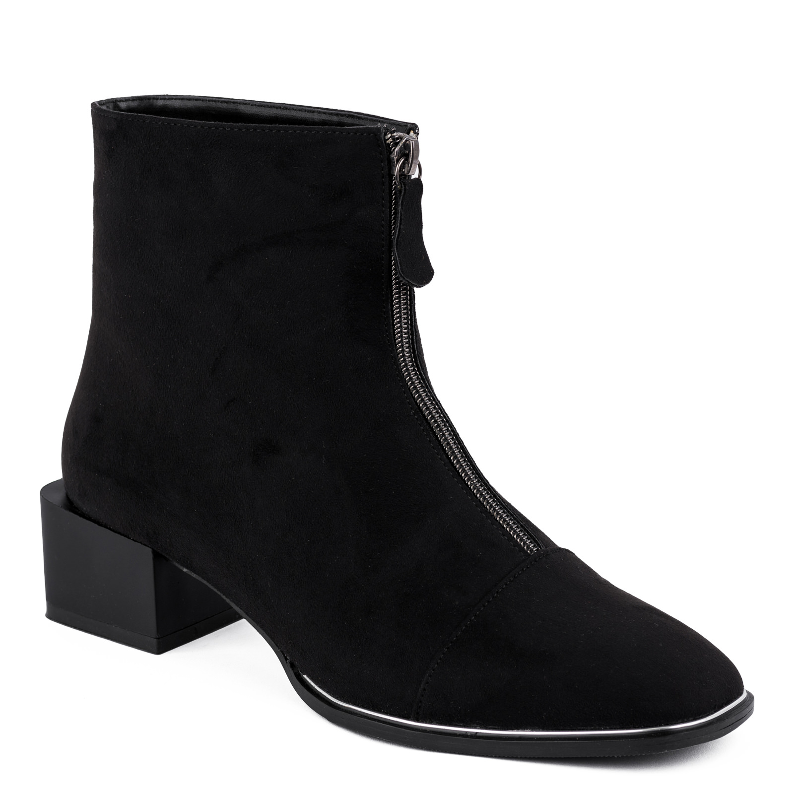 VELOUR ANKLE BOOS WITH ZIPPER AND LOW BLOCK HEEL - BLACK