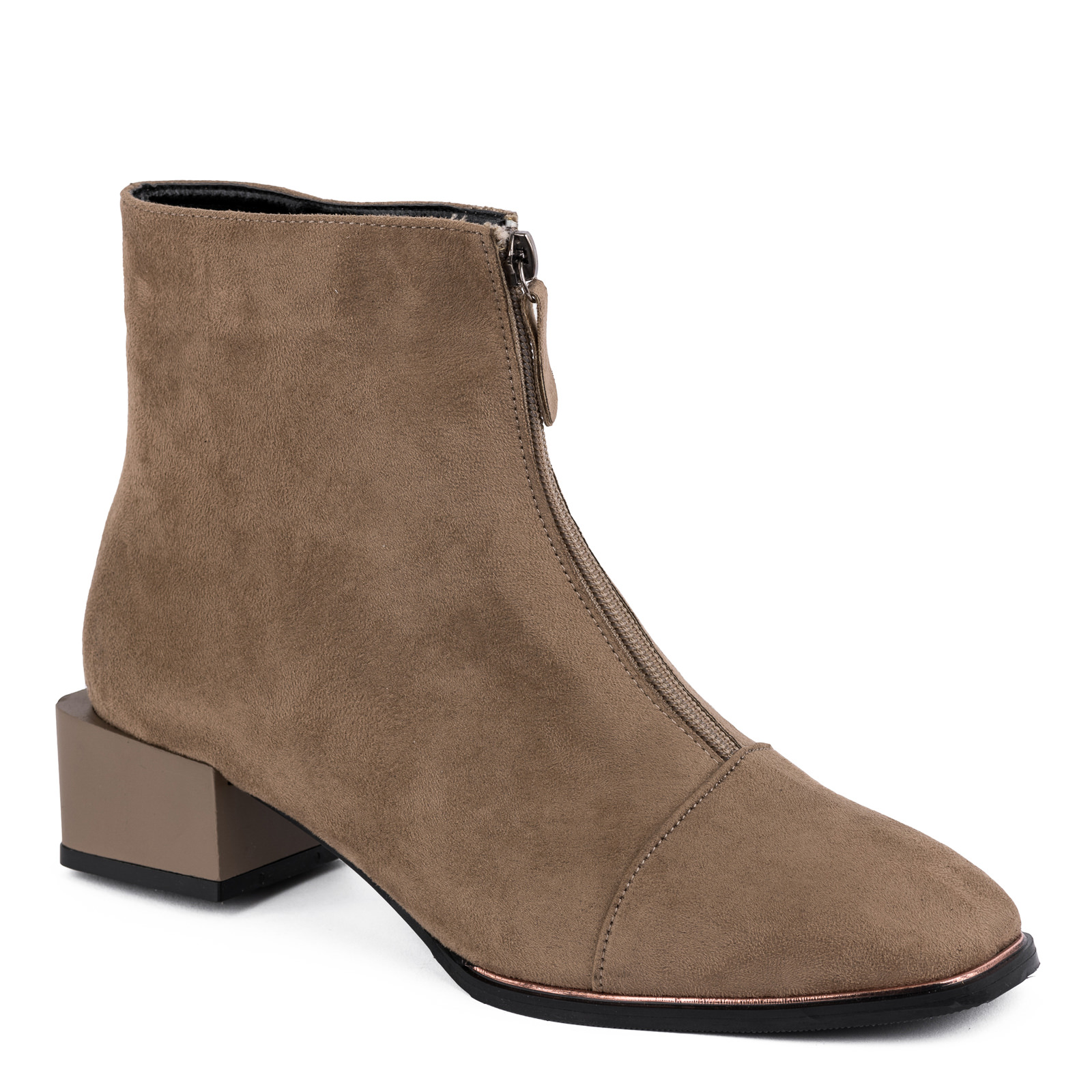 VELOUR ANKLE BOOTS WITH ZIPPER AND LOW BLOCK HEEL - BEIGE