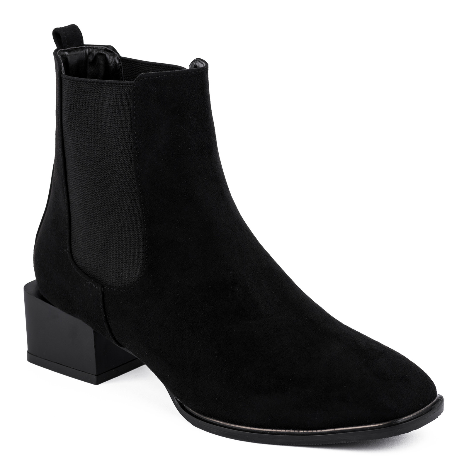 VELOUR ANKLE BOOTS WITH RUBBER AND LOW BLOCK HEEL - BLACK