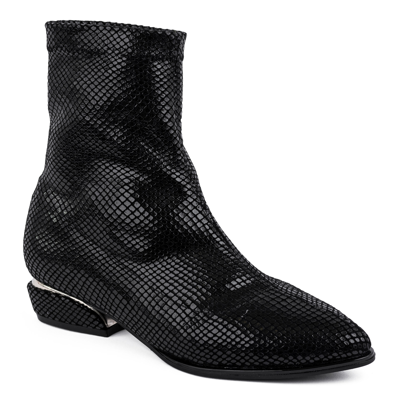 CROC POINTED PULL ON ANKLE BOOTS - BLACK