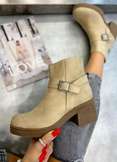 VELOUR ANKLE BOOTS WITH BELT AND BLOCK HEEL - BEIGE