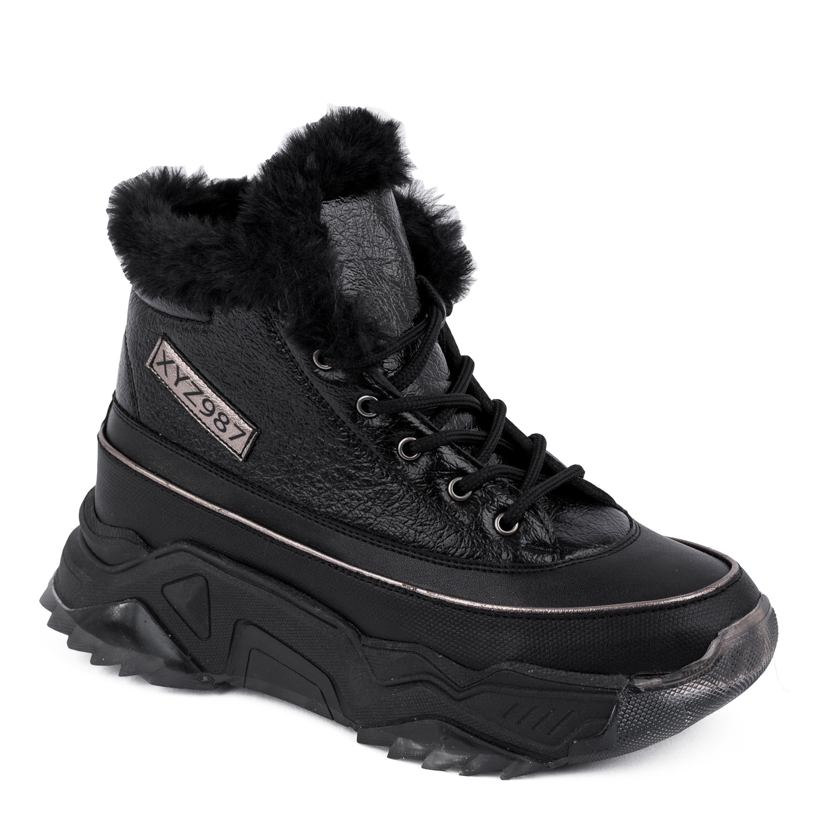 SNEAKERS WITH FUR AND HIGH SOLE - BLACK