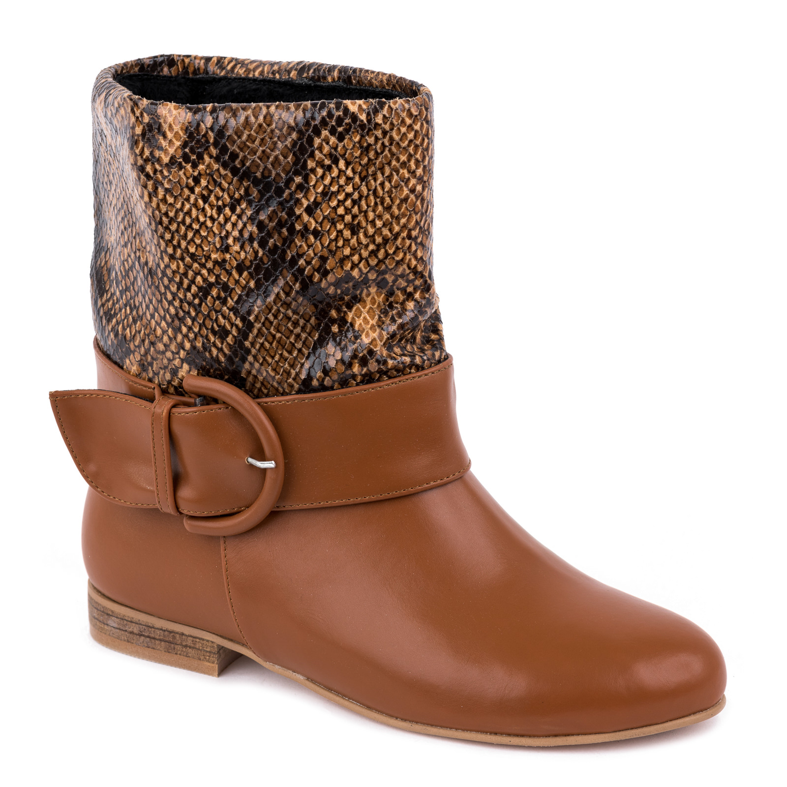SNAKE PRINT FLAT ANKLE BOOTS WITH BELT - CAMEL