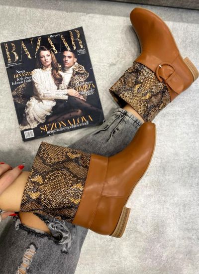 SNAKE PRINT FLAT ANKLE BOOTS WITH BELT - CAMEL