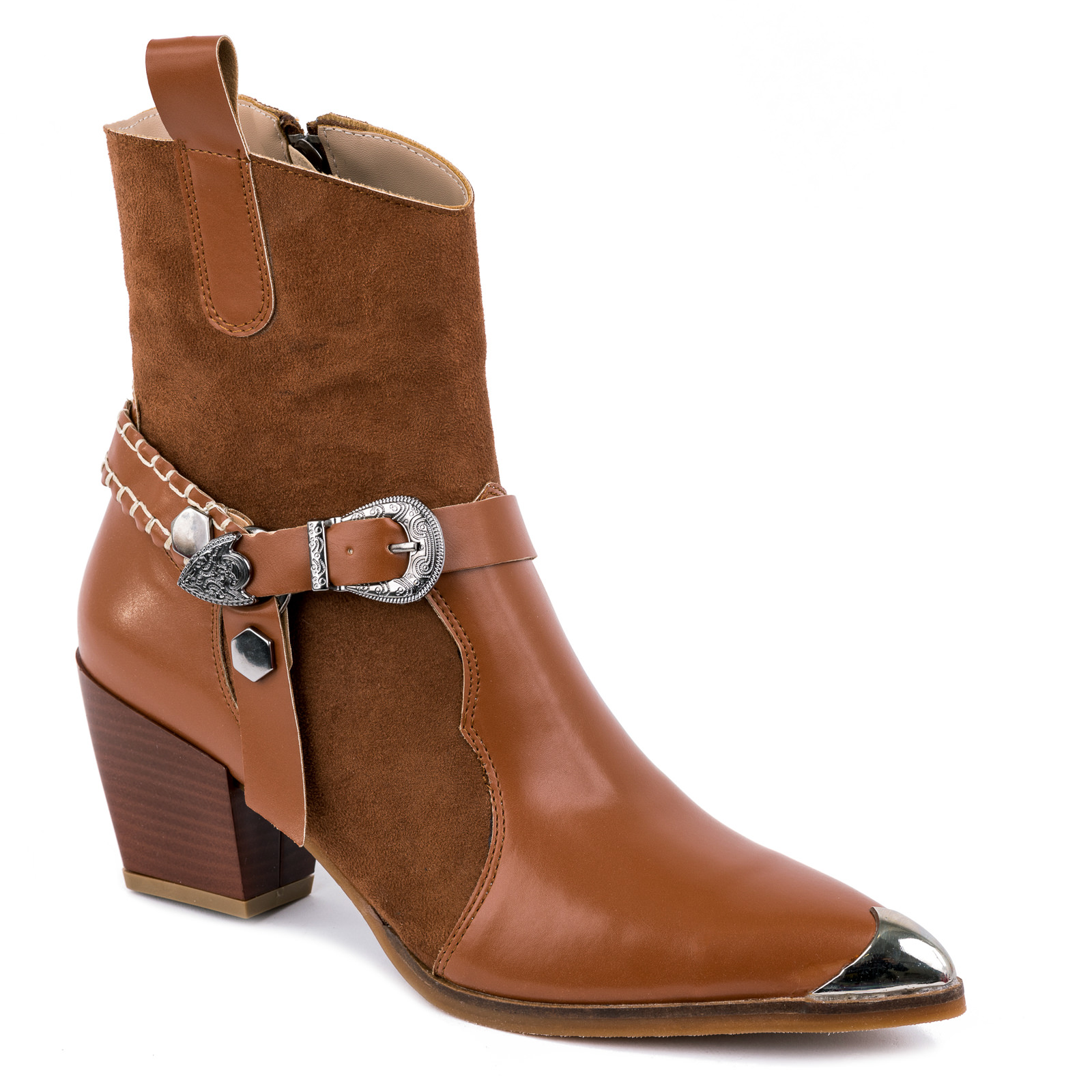 COW GIRL BOOTS WITH BELT AND THICK HEEL - CAMEL