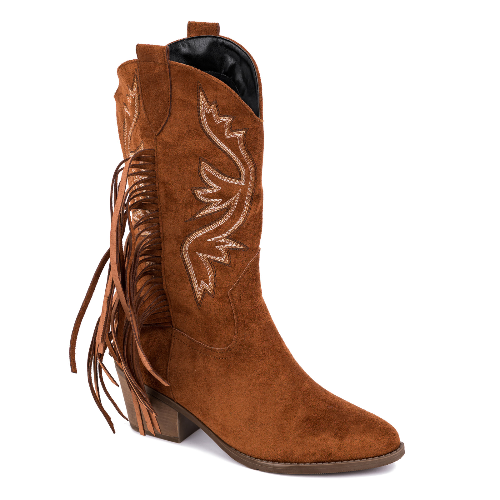 COW GIRL BOOTS WITH EMBRODERY AND FRINGE - CAMEL