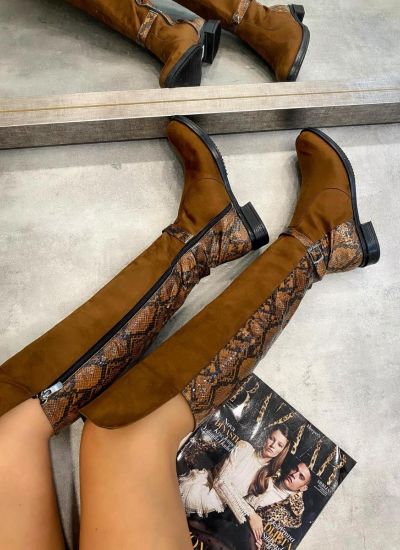 HIGH BOOTS WITH BELT AND SNAKE PRINT - CAMEL
