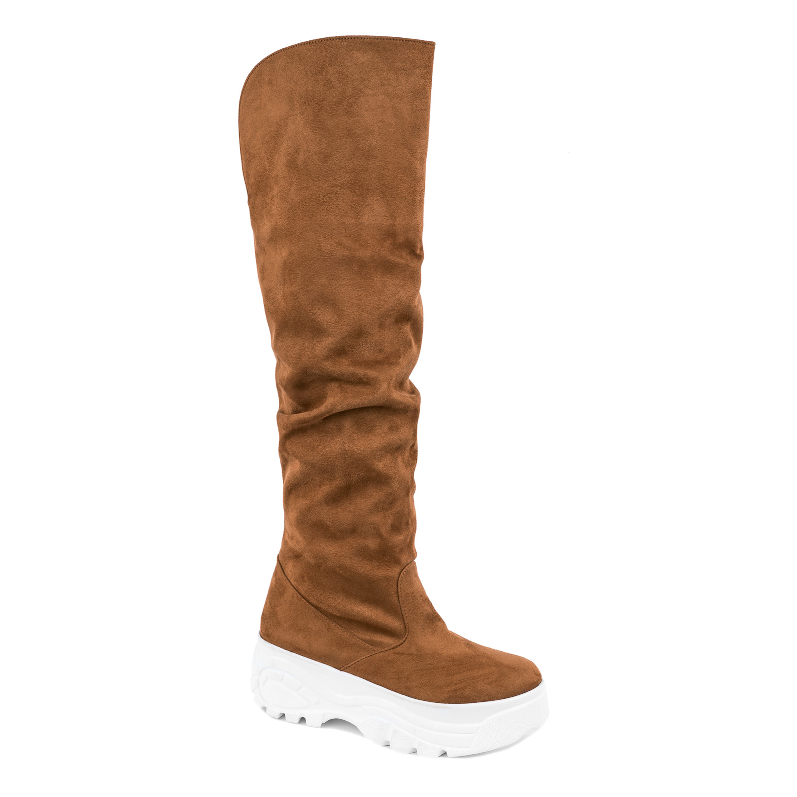 VELOUR HIGH WRINKLED BOOTS WITH SPORTS SOLE - CAMEL