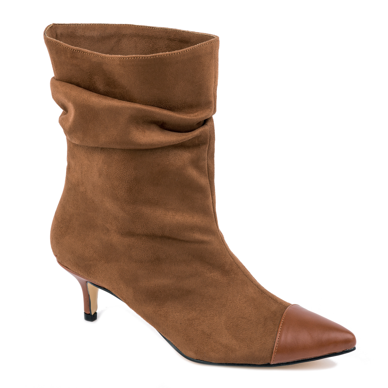 VELOUR POINTED WRINKLED ANKLE BOOTS WITH THIN HEEL - CAMEL