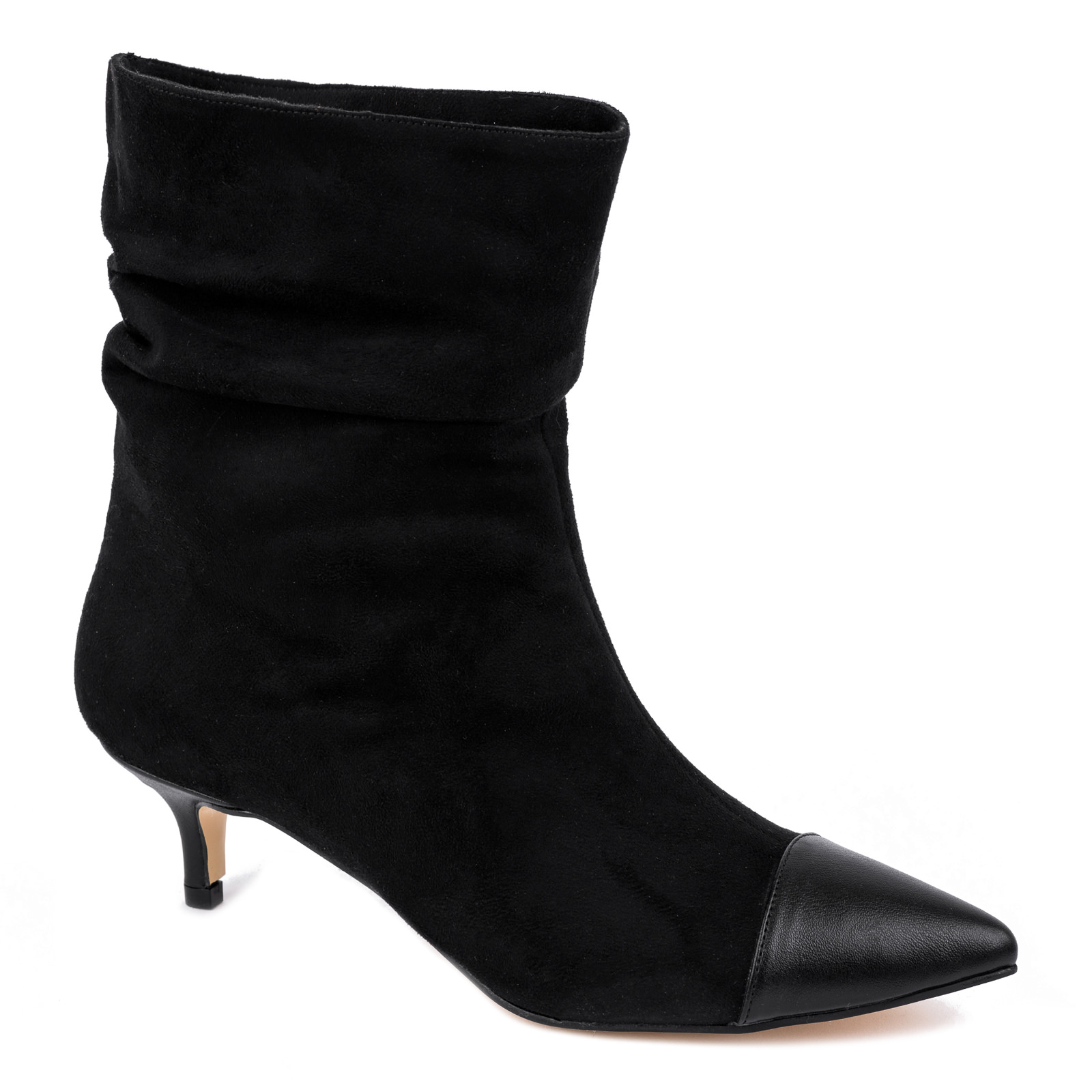 VELOUR POINTED WRINKLED ANKLE BOOTS WITH THIN HEEL - BLACK