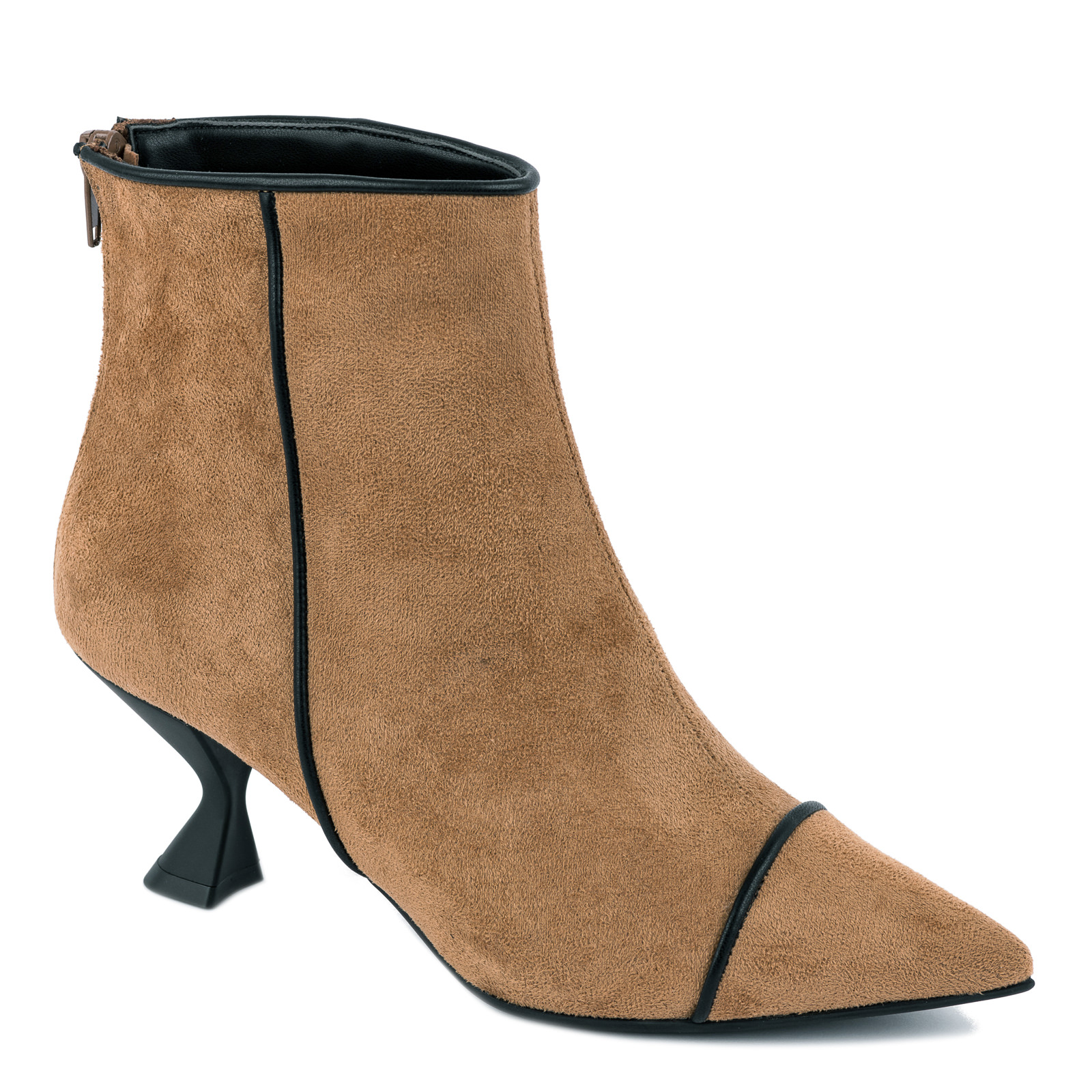 VELOUR POINTED ANKLE BOOTS WITH THIN HEEL - DARK BEIGE