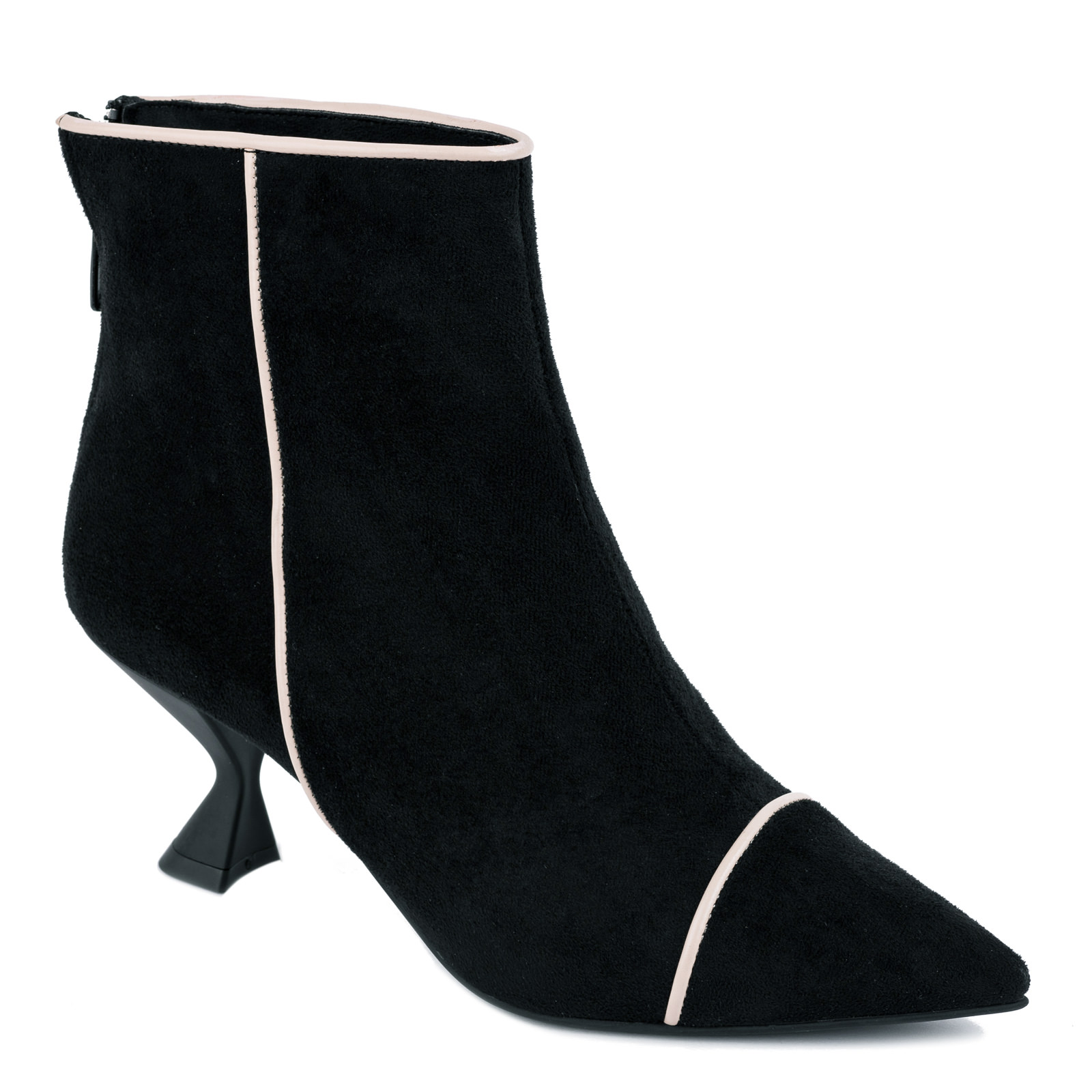 VELOUR POINTED ANKLE BOOTS WITH THIN HEEL - BLACK