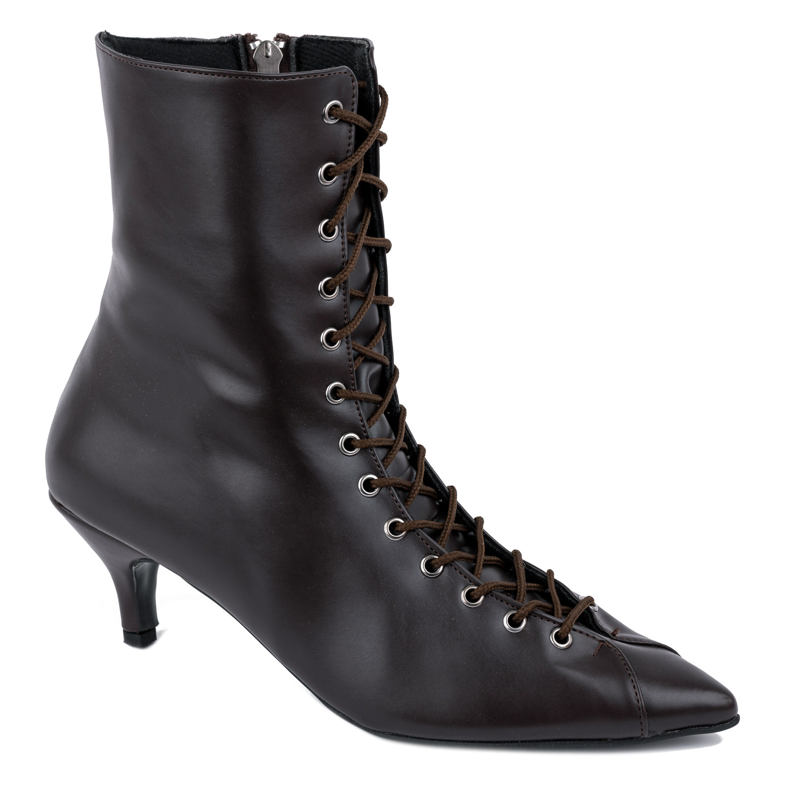 POINTED LACE UP ANKLE BOOTS WITH THIN HEEL - BROWN