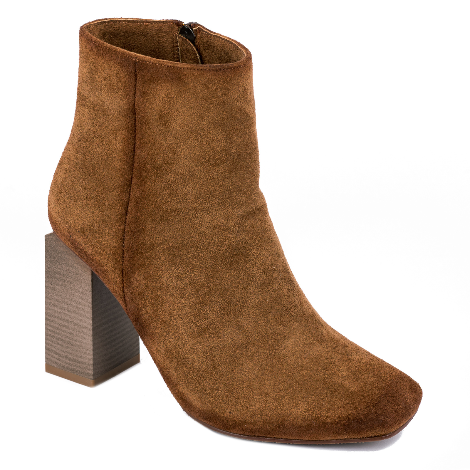 VELOUR ANKLE BOOTS WITH ZIPPER AND BLOCK HEEL - CAMEL