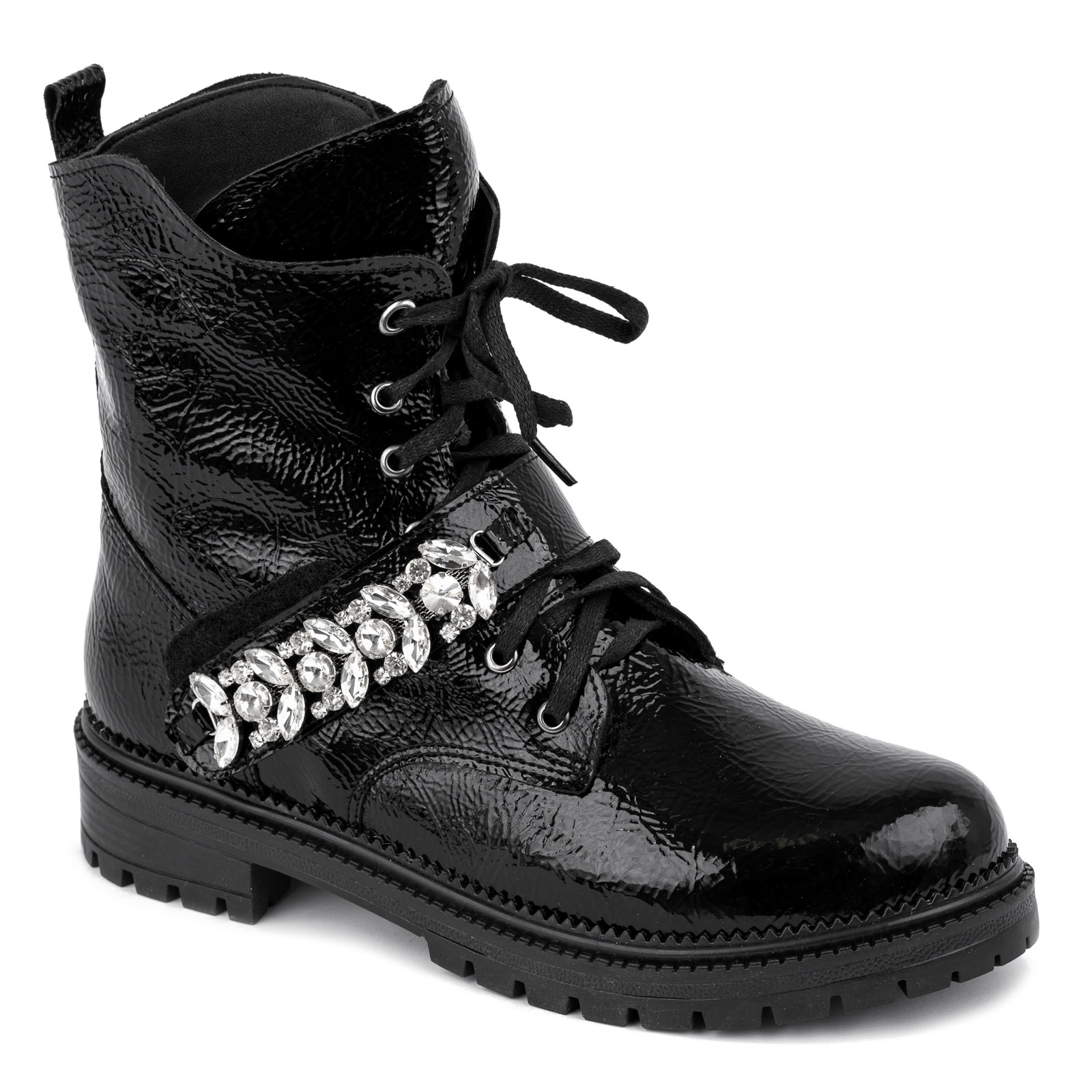 PATENT ANKLE BOOTS WITH ORNAMENTS - BLACK
