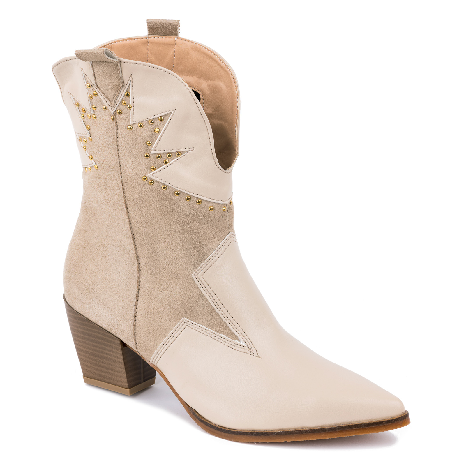 POINTED COWGIRL ANKLE BOOTS WITH RIVETS - BEIGE