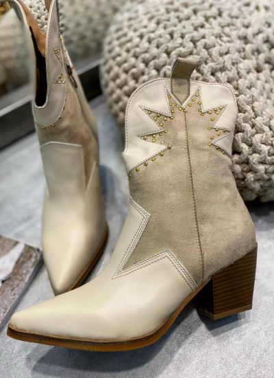 POINTED COWGIRL ANKLE BOOTS WITH RIVETS - BEIGE
