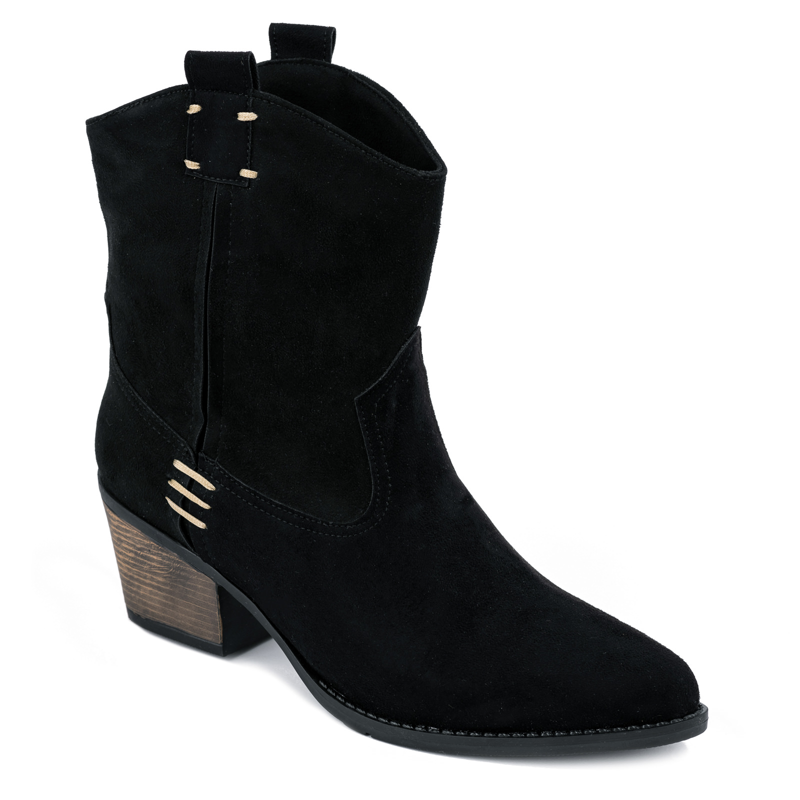 VELOUR POINTED COWGIRL BOOTS WITH THICK HEEL - BLACK