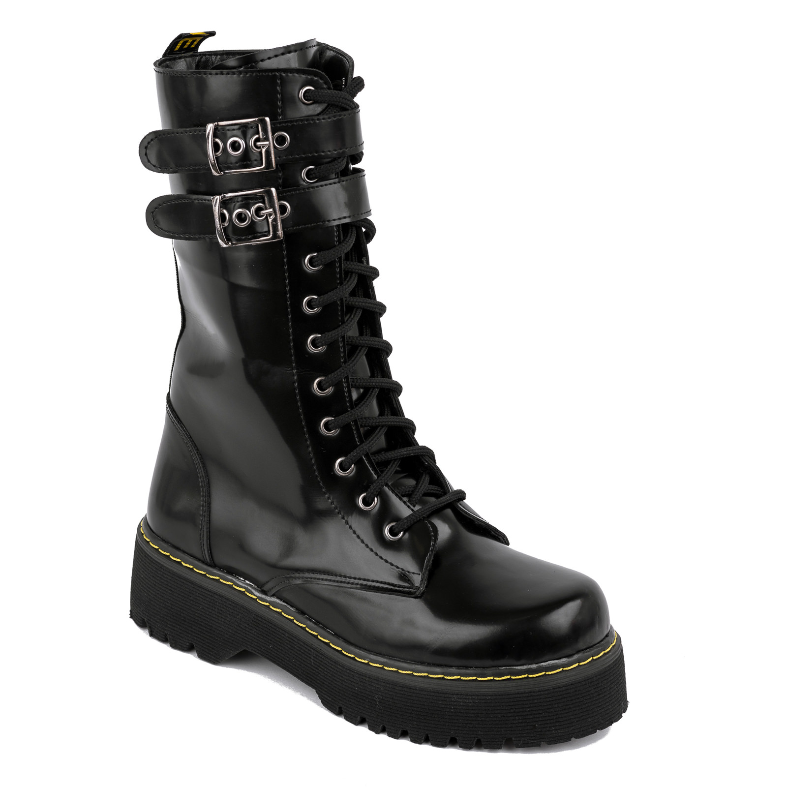 DEEP MARTIN BOOTS WITH YELLOW SEAM AND BELT - BLACK