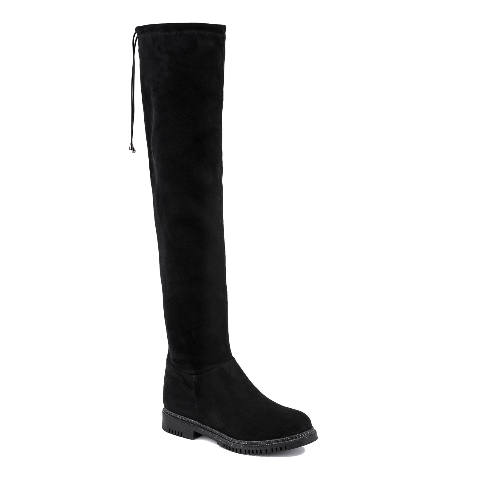 VELOUR THGH - HIGH BOOTS WITH LACE - BLACK