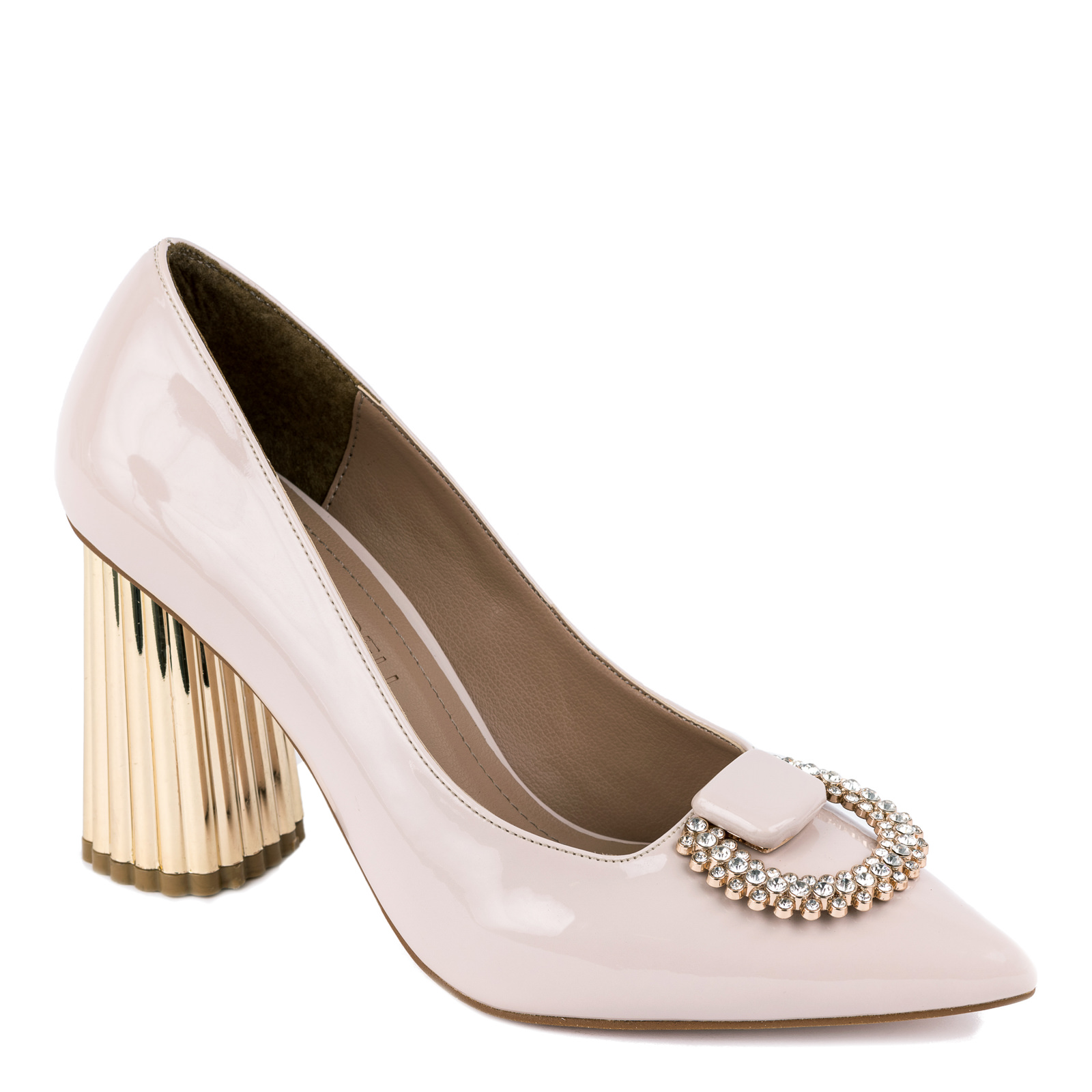PATENT STILETTO SHOES WITH BROOCH AND BLOCK GOLDEN HEEL - BEIGE