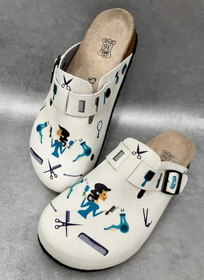 Patterned women clogs A092 - HAIRDRESSER - WHITE