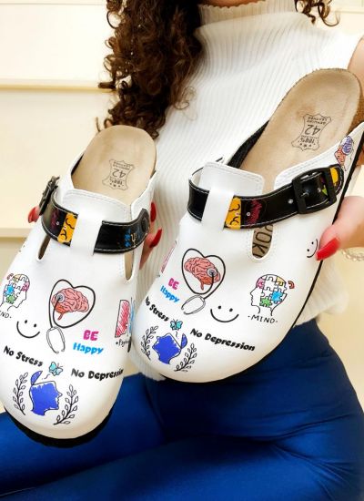 Patterned women clogs BE HAPPY - WHITE