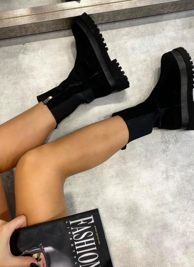 VELOUR ANKLE BOOTS WITH RUBBER - BLACK