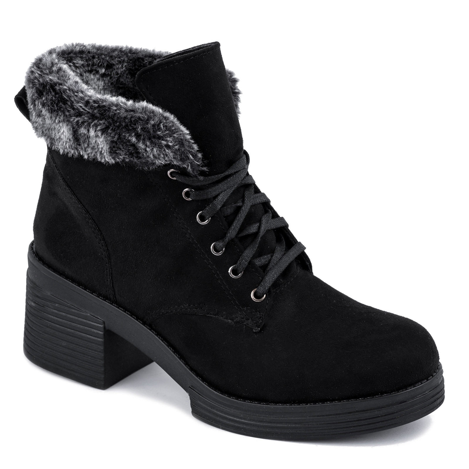 ANKLE BOOTS WITH THICK HEEL AND FUR -  BLACK